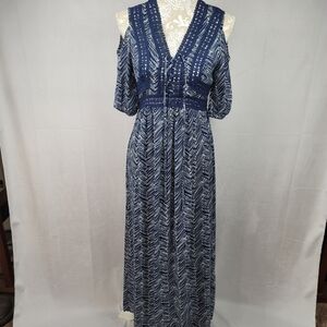 Blue and white lace trim cold shoulder maxi dress